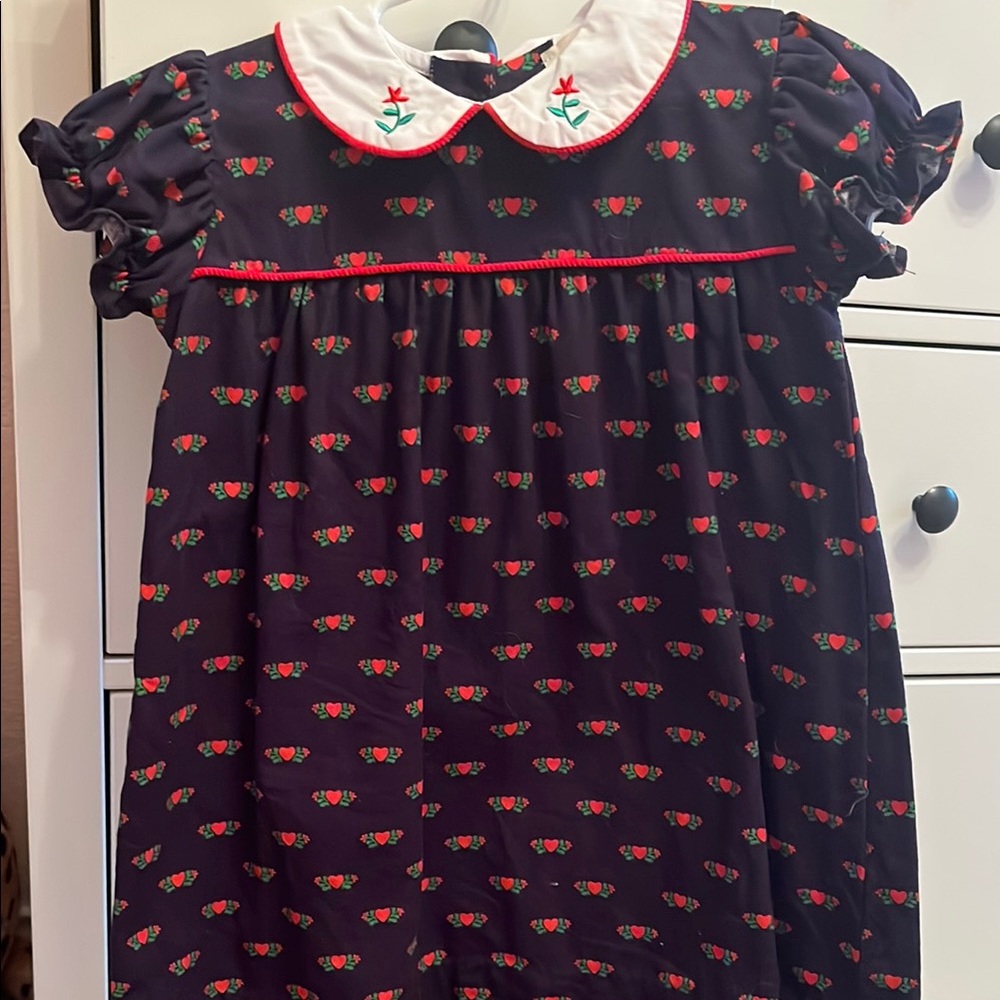 Navy Dress with Red Floral Pattern and White Collar